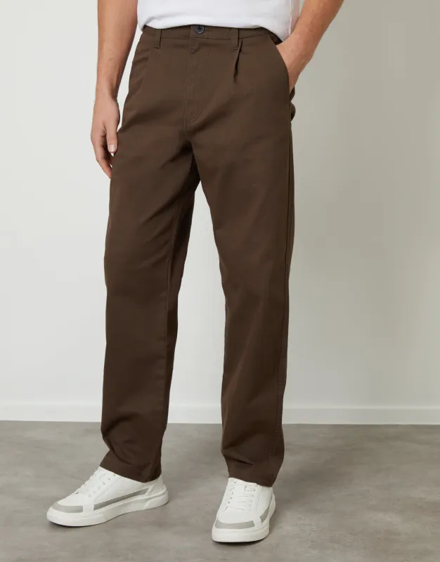 Threadbare Men's Chocolate Brown Straight Leg Pleated Chino Trousers sold by Threadbare