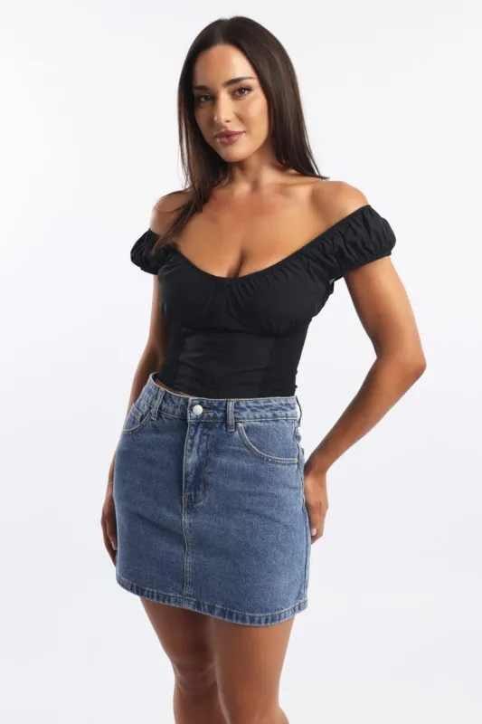 Black Crop Top Short Sleeve V Neck Button Details sold by Ally Fashion
