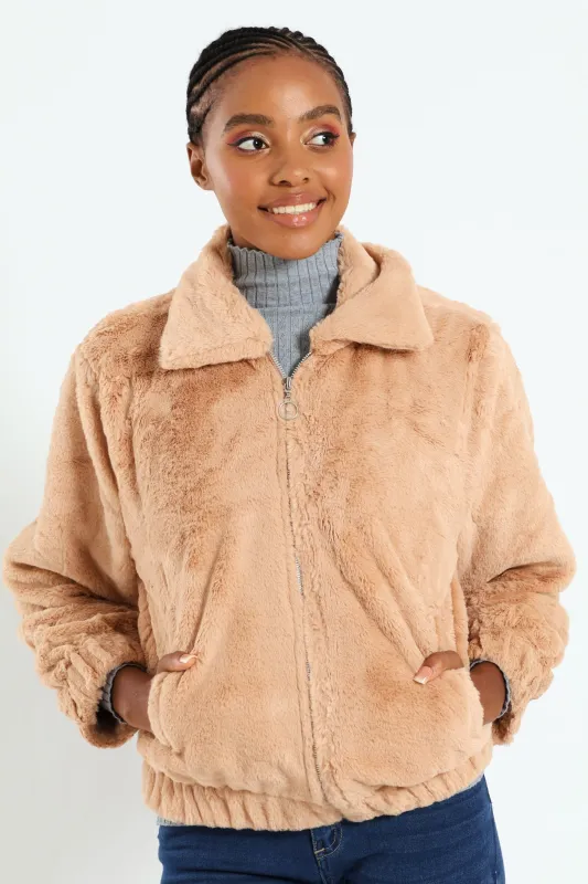 Long Sleeve Collared Fur Bomber - Stone sold by Edgars