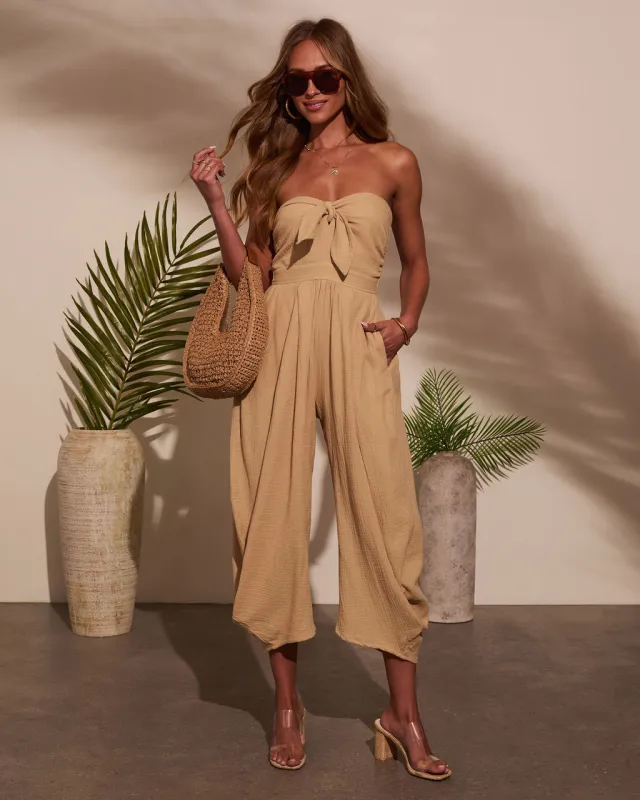 Free Spirited Strapless Tie Front Jumpsuit sold by Vici