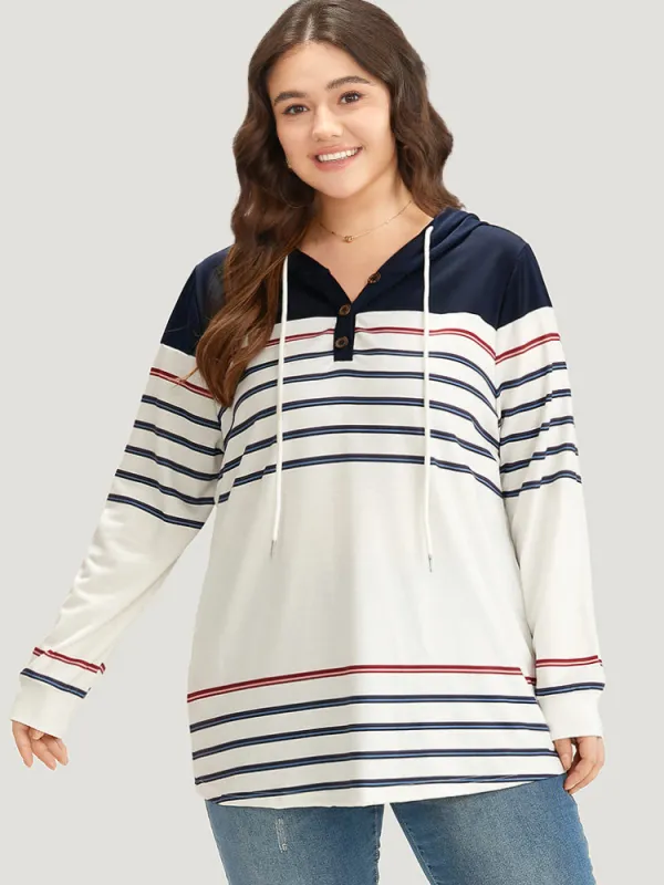 Striped Contrast Patchwork Drawstring Button Up Hooded Sweatshirt sold by Bloomchic