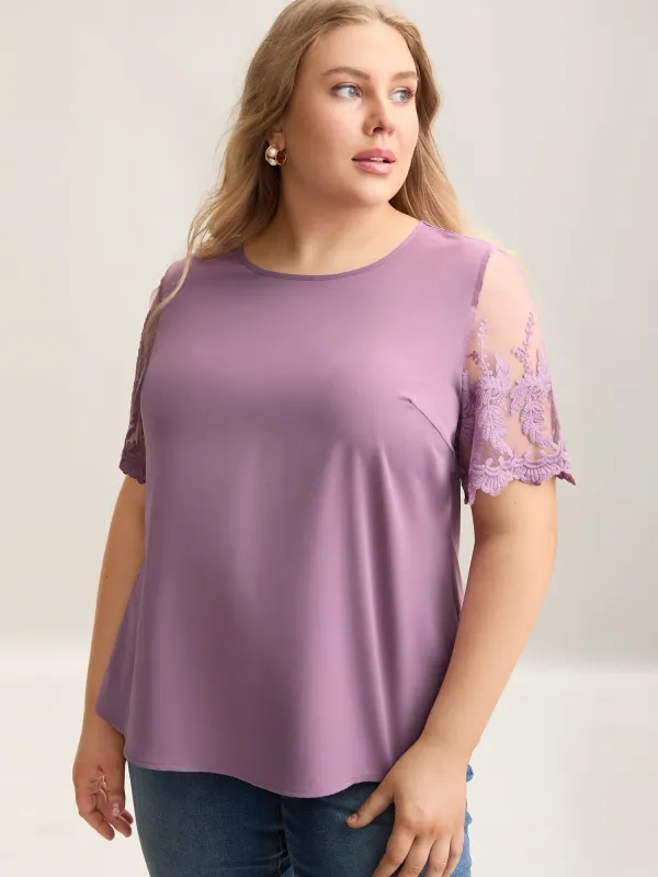 Spliced Sheer Sleeve Plain Curvy Fit Blouse sold by Bloomchic