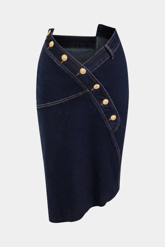 Denim asymmetri knap nederdel sold by Micas
