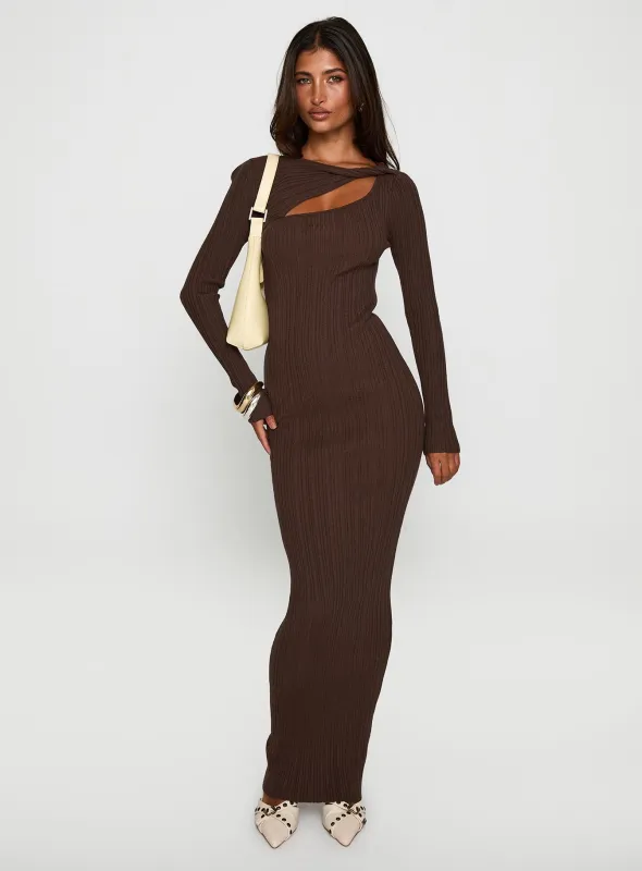 Gyselle Long Sleeve Maxi Dress Brown sold by Princess Polly