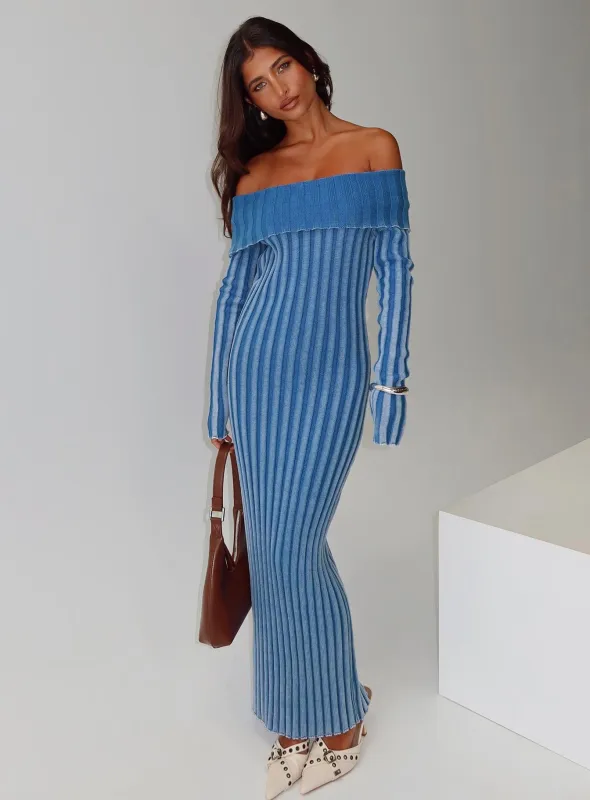 Mariska Long Sleeve Rib Maxi Dress Blue sold by Princess Polly