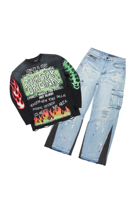 Beno Black/Blue Long Sleeve T-Shirt/Baggy Fit Jean Bundle sold by Rockstar Original