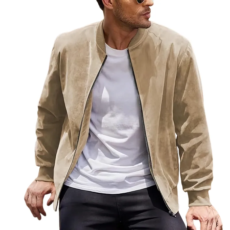 Men's Khaki Suede Ribbed Collar Zip-Up Jacket 07671485U sold by Manly