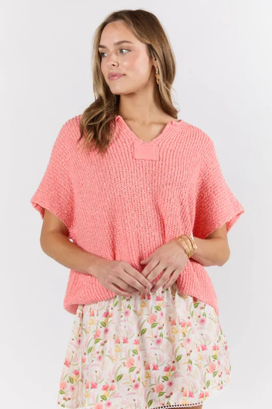 Make Waves Coral Short Sleeve Textured Lightweight Sweater sold by Pink Lily