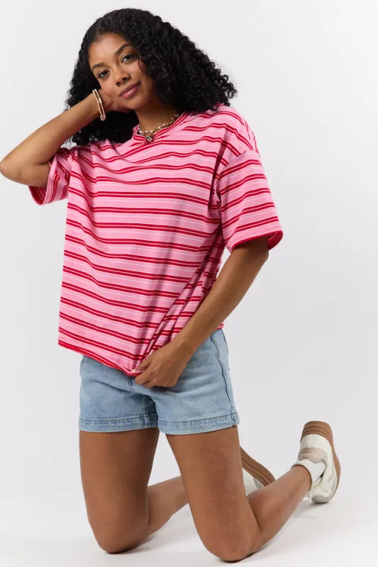 Between The Lines Pink and Red Oversized Striped Tee FINAL SALE sold by Pink Lily