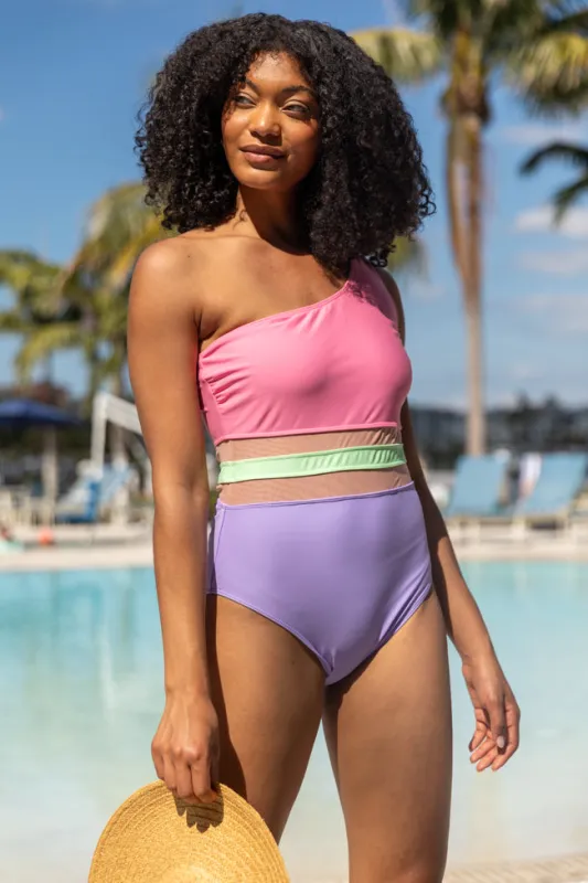 Chasing Sunsets One Shoulder Mesh Colorblock Swimsuit FINAL SALE sold by Pink Lily