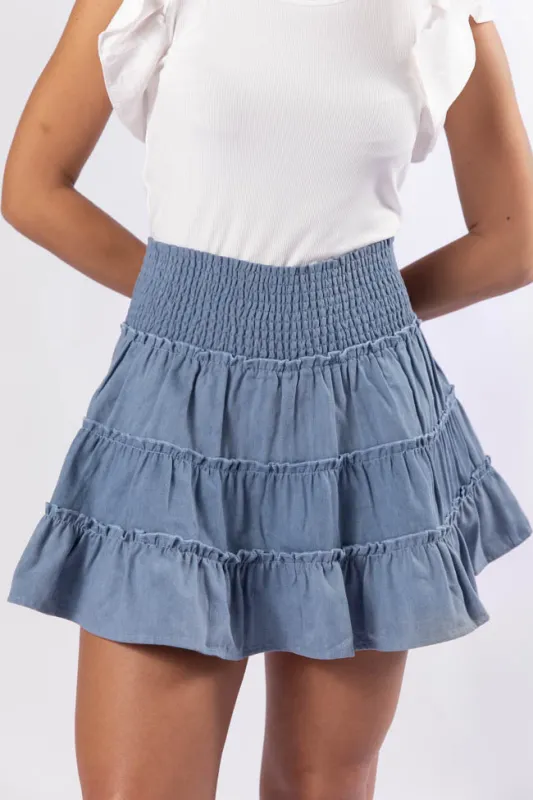 Through The Garden Medium Wash Chambray Mini Skort sold by Pink Lily