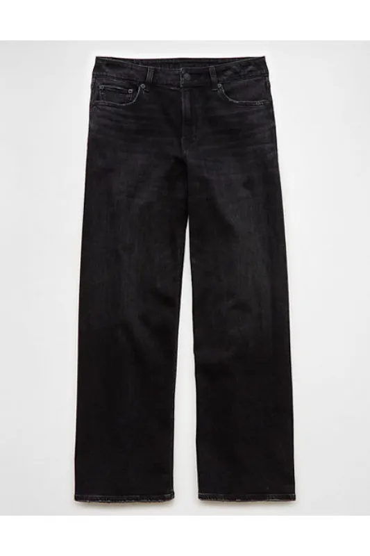 AE Dreamy Drape Stretch Low-Rise Baggy Wide-Leg Jean Women's Faded Black 00 Short sold by American Eagle