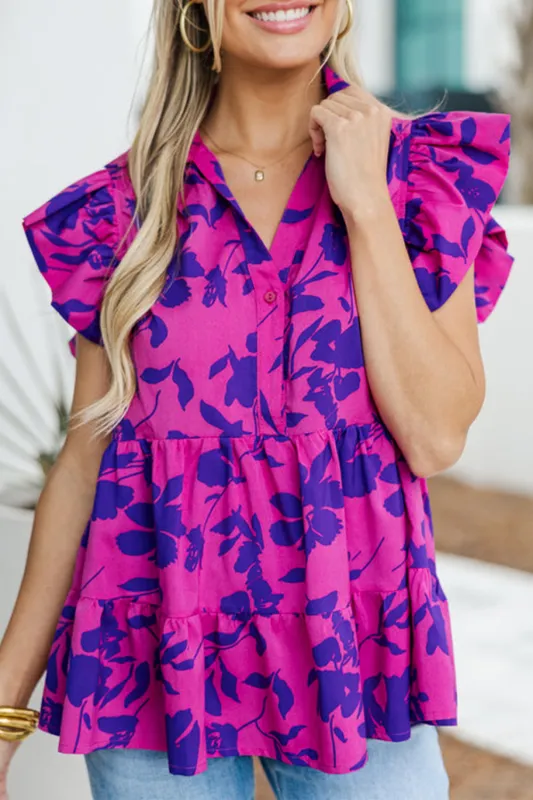 Rose Floral Print Collared Button Neckline Flutter Sleeve Blouse sold by Beagle Boutique