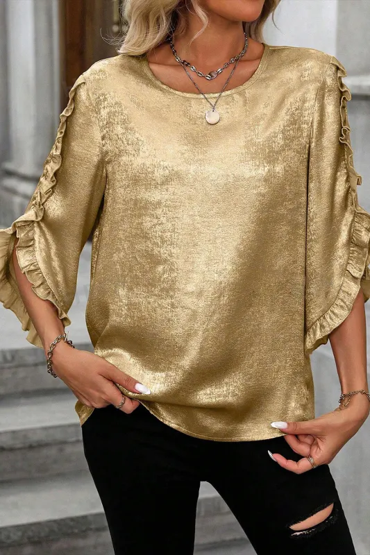 Gold Metallic Luster Frilled Half Sleeve Blouse sold by Beagle Boutique