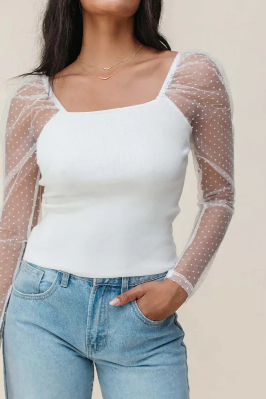 White Swiss Dot Mesh Long Sleeve Square Neck Slim Top sold by Beagle Boutique