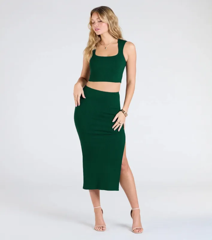 Elevated Era Ribbed Knit High Slit Midi Skirt sold by Windsor