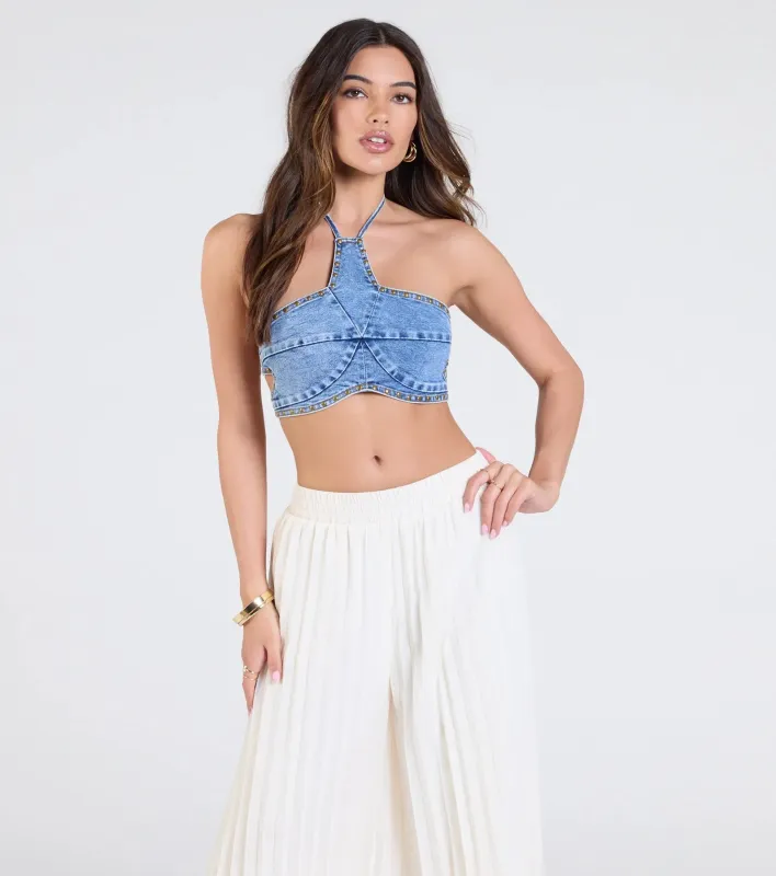 Western Star Halter Studded Denim Crop Top sold by Windsor