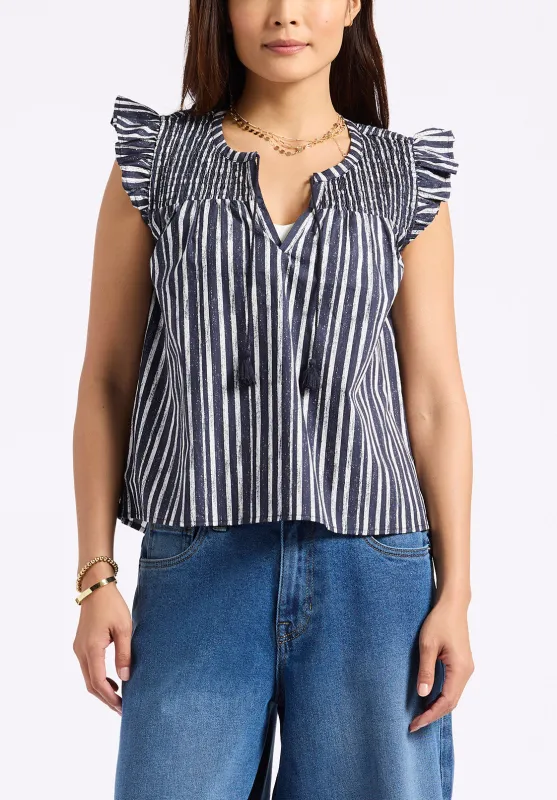 Alda Women's Striped Flutter-Sleeve Top with Smocked Details, Indigo - WT0157P sold by Buffalo David Bitton