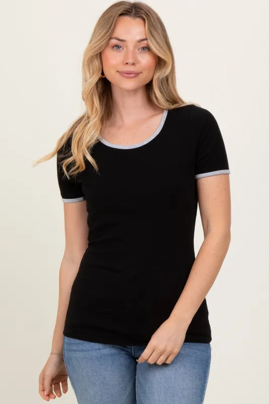 Black Solid Ribbed Short Sleeve Basic Top sold by Pinkblush