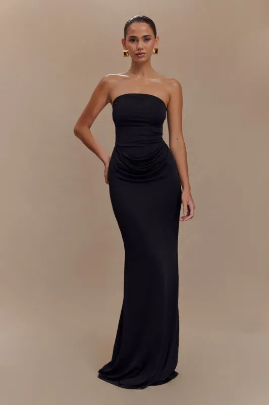 Madison Strapless Slinky Maxi Dress - Black sold by Meshki