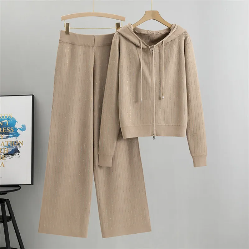 Khaki - Loose Rhinestone Cardigan Two Piece Set sold by Viva Estel
