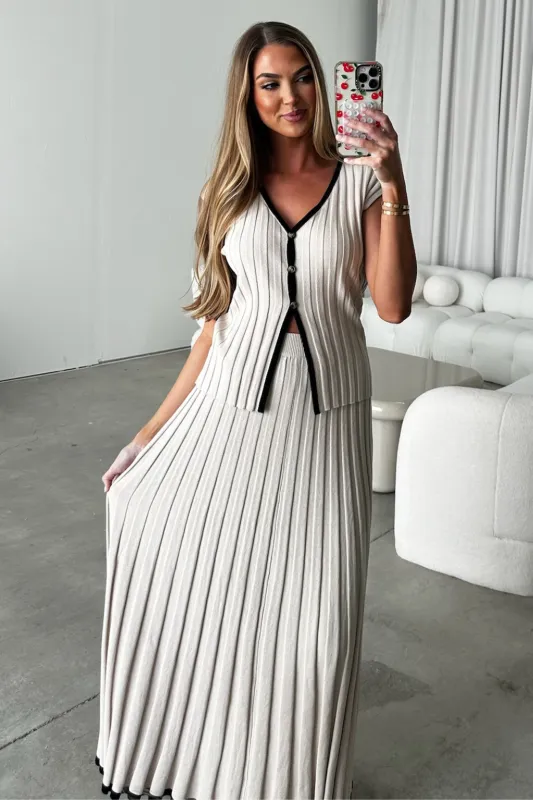 Arianna Contrast Knit Top and Maxi Skirt Set in Taupe/Black sold by Worth Collective