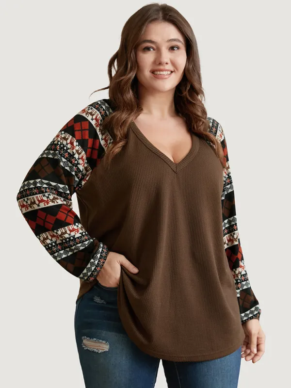 Elk Geometric Patchwork Waffle Knit Sweatshirt sold by Bloomchic