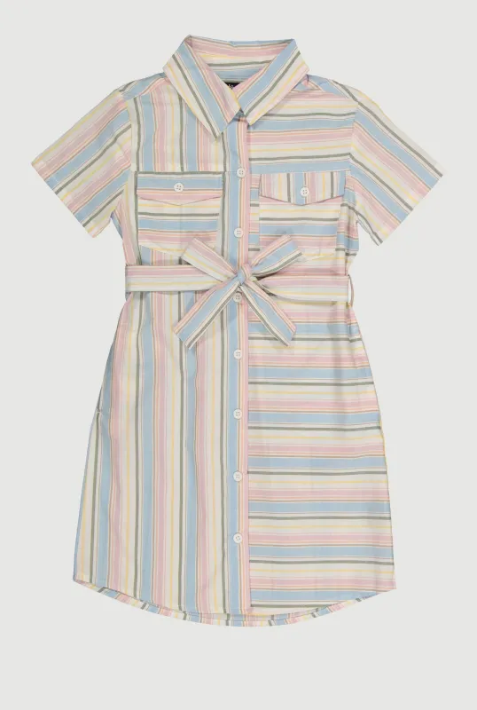 Girls Striped Tie Waist Belted Shirt Dress sold by Rainbow
