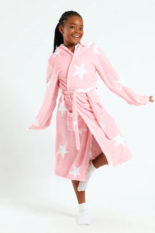 Girls Stars Print Sherpa Lined Gown - Pink sold by Edgars 
