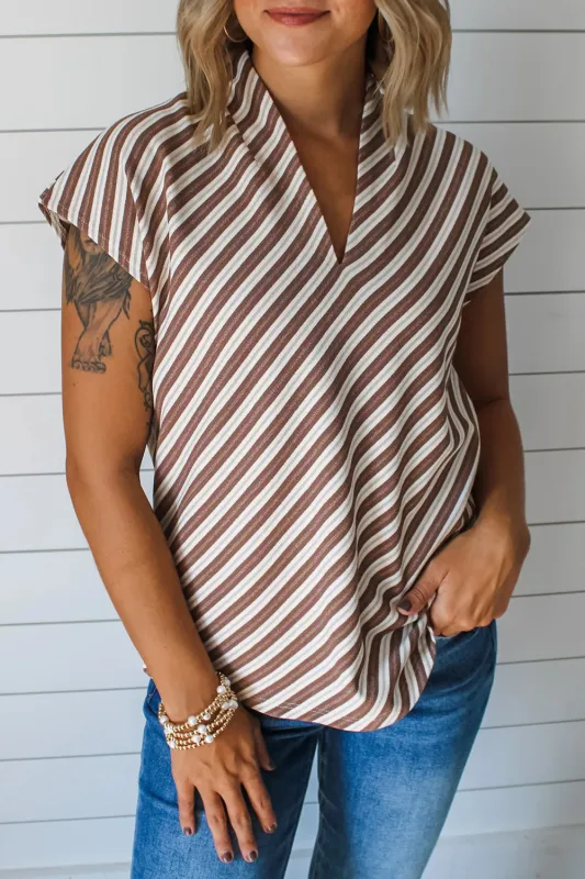 Chestnut Striped Stand V Neck Short Sleeve Blouse sold by Beagle Boutique