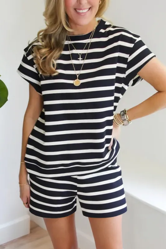Black White Striped Short Sleeve Top and Shorts Set sold by Beagle Boutique