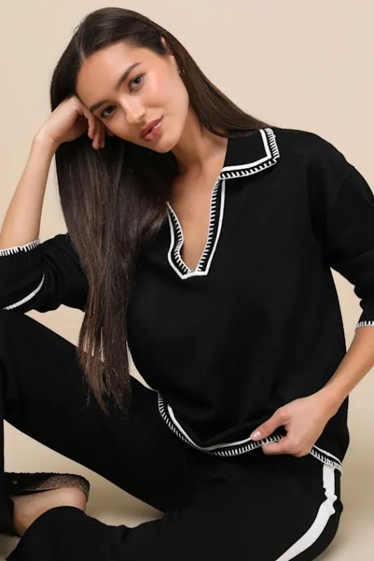Arlington Black Embroidered Collared Sweater sold by Lulus