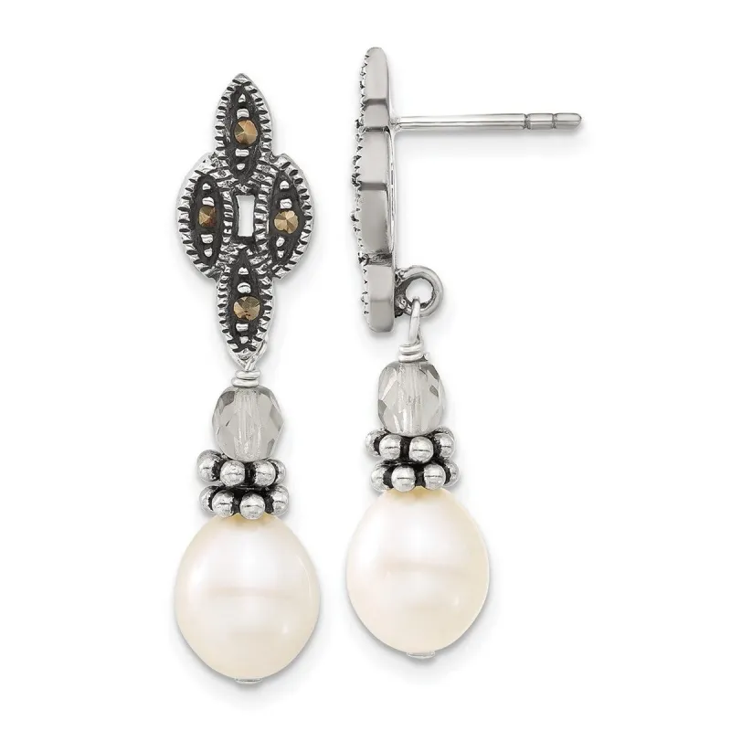 Curata 925 Sterling Silver Dangle Artisan Oxidized Glass Bead With Freshwater Cultured Pearl Post Drop Earrings - 36x10m sold by Zulily
