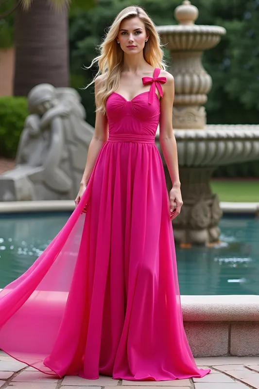 A Line Fuchsia Straps Ruched Long Tulle Prom Dress sold by Zapaka
