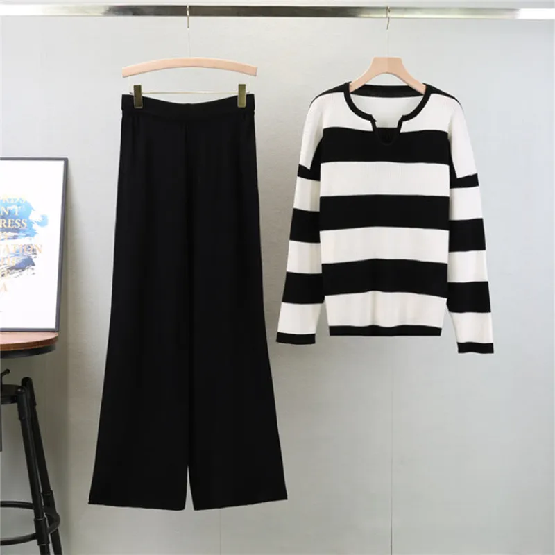 Black - Striped Knit Top & Pants Set sold by Viva Estel