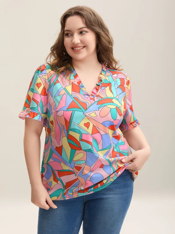 Abstract Pattern Petal Trim V-Neck Blouse sold by Bloomchic