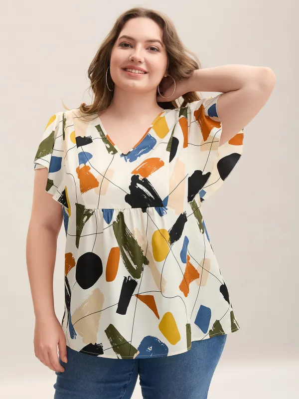 Brush Abstract Print Flounce Sleeve Blouse sold by Bloomchic