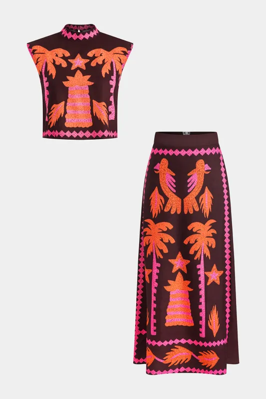 Coconut Palm Print Cut Out Button Top og Zipper Nederdel Set sold by Micas