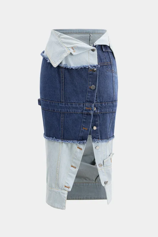 Kontrast denim patchwork -knap nederdel sold by Micas