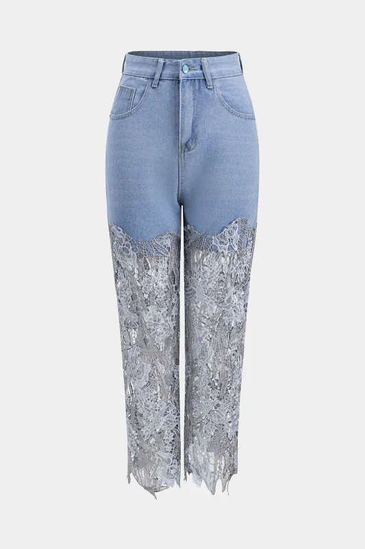 Denim blonder patchwork udskåret knaplomme brede ben jeans sold by Micas