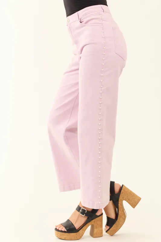 Mauve High Rise Pearl Embellished Wide Leg Jeans sold by Lime Lush
