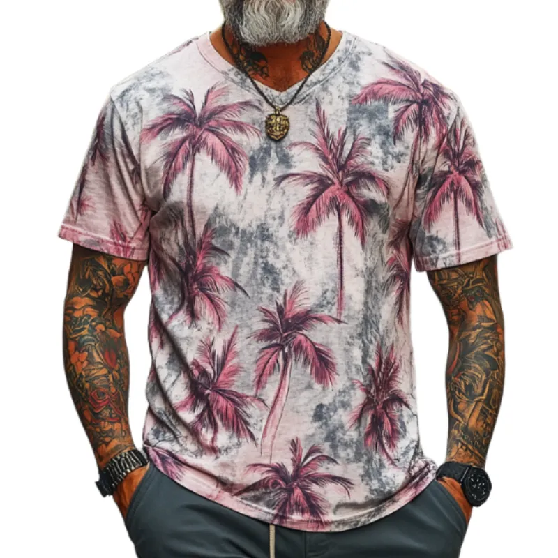 Men's Casual Vintage V-neck Cotton Blend Digital Print Short-sleeved T-shirt 38024171F sold by Manly