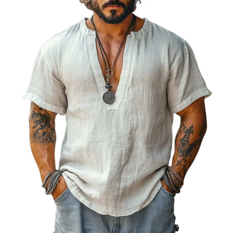 Men's Casual Linen V-neck Loose Short Sleeve Shirt 10567894M sold by Manly