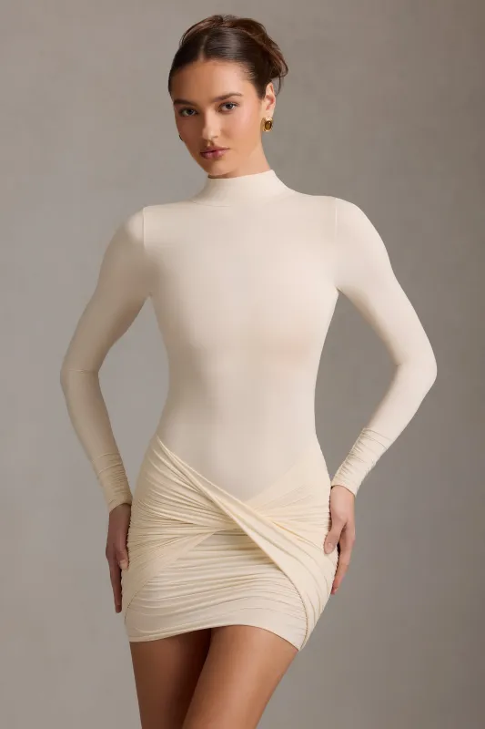 Ruched Backless Turtleneck Mini Dress in Ivory sold by Oh Polly