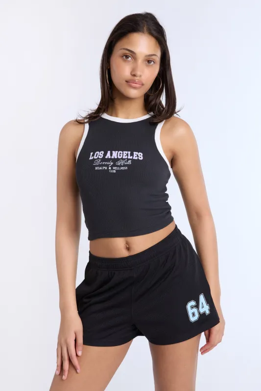 Los Angeles Beverly Hills Embroidered Graphic High Neck Tank Top sold by Bluenotes