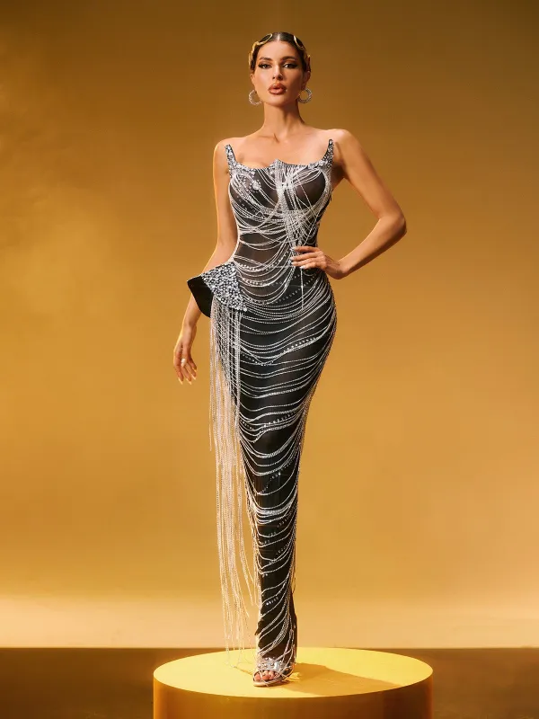 Zories Strapless Crystal Chain Fringe Maxi Dress sold by Mew Mews