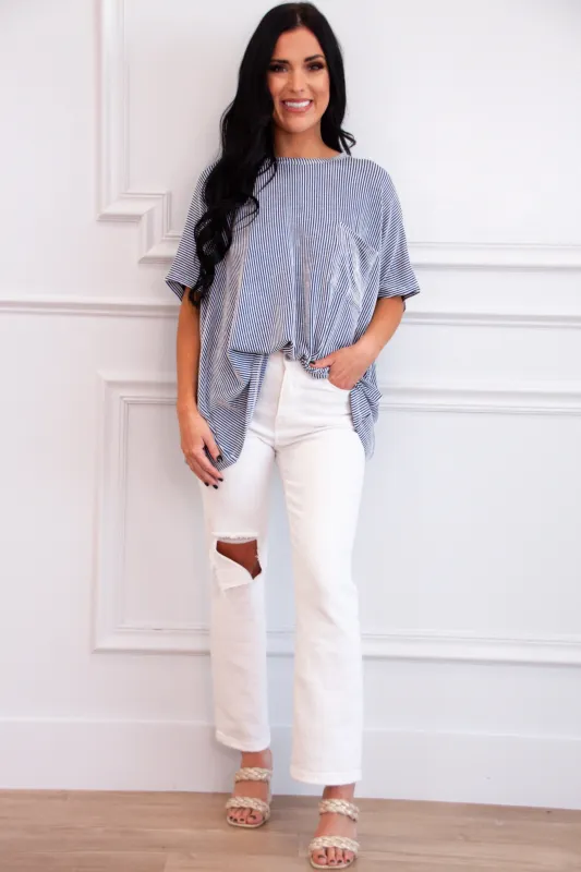 Ellison Corded Rib Oversized Pocket Top: Navy sold by Bella and Bloom