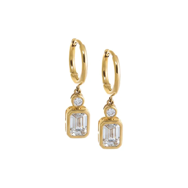 Lab Grown Diamond Solitaire X Emerald Bezel Drop Huggie Earring 14K sold by Adina Eden's