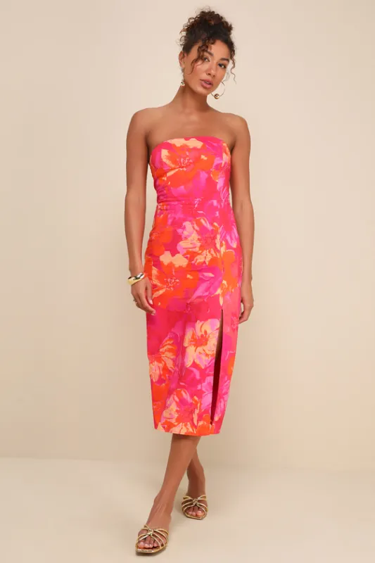 Bold Tendencies Fuchsia Floral Strapless Cutout Midi Dress sold by Lulus
