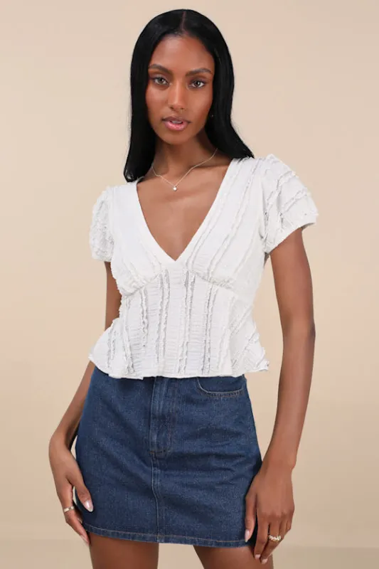 Estela Ivory Ruffled Puff Sleeve Peplum Crop Top sold by Lulus